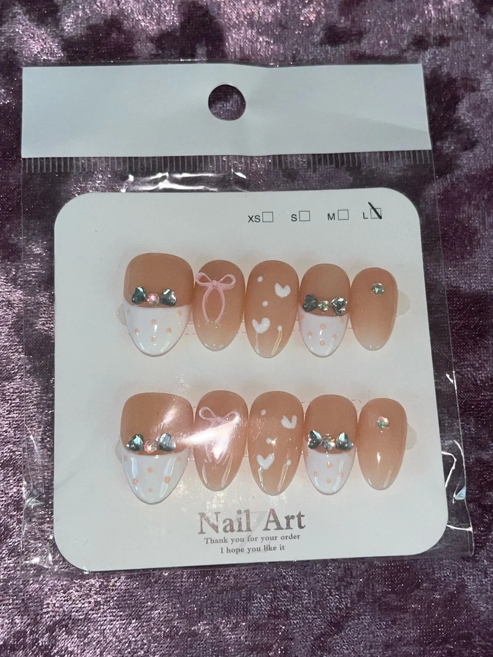 Peach & White Rhinestone Press-On Nail Set